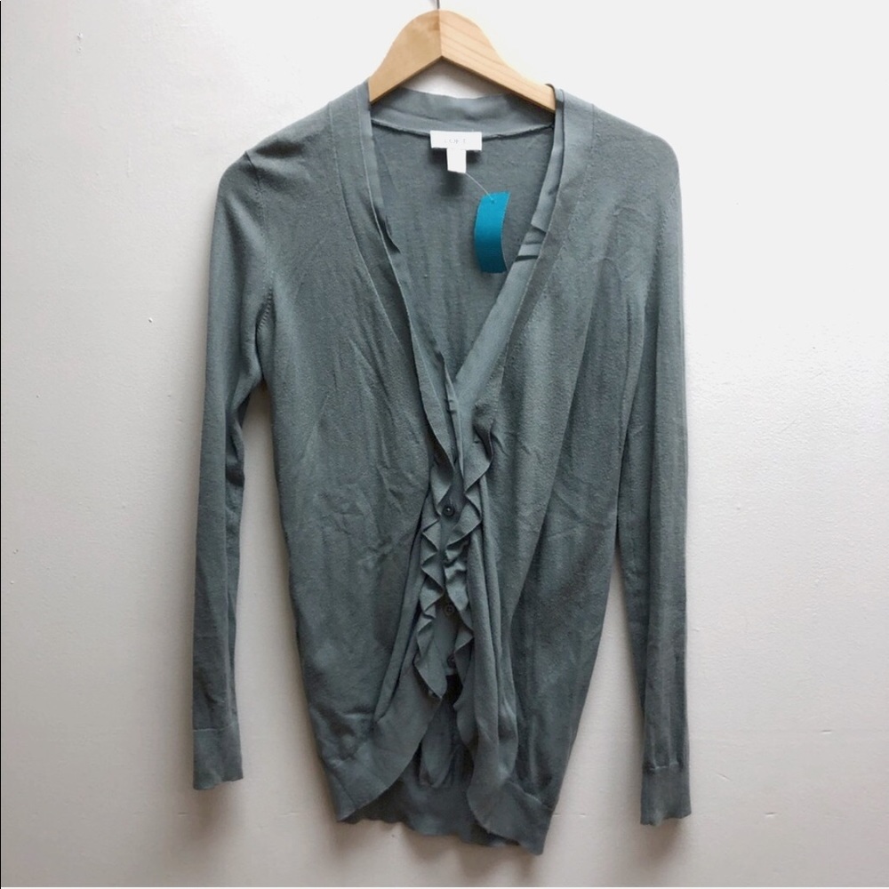 LOFT Green Ruffled Button-Front Cardigan - Picture 3 of 9